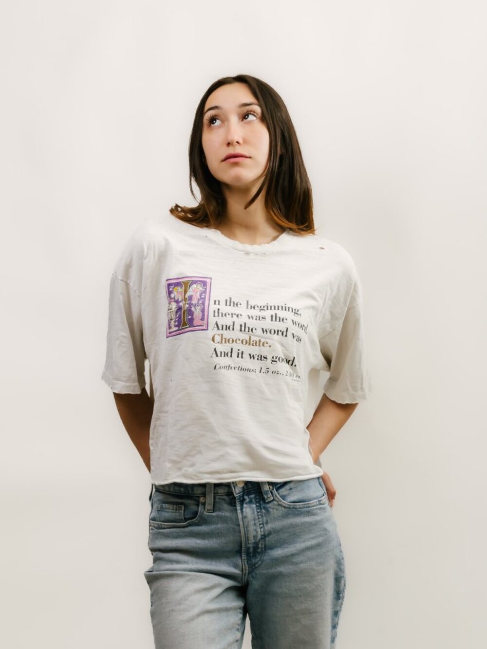 80s Funny T-Shirt (XL) white vintage mens choclate distressed cropped streetwear